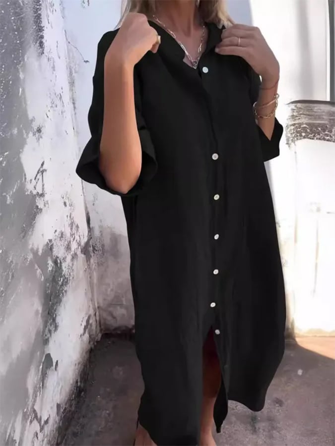 Button-Down Rolled Sleeve Midi Shirt Dress - Black