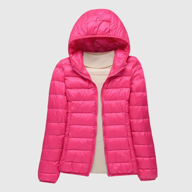 Women's Quilted Puffer Jacket - Pink Hood