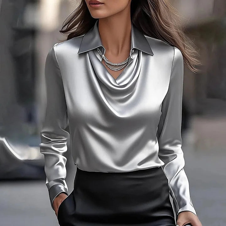 Elegant Shiny V-Neck Blouse - Gray