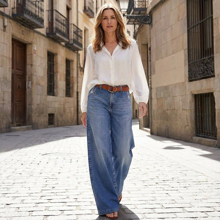 Retro high waisted wide leg jeans back view