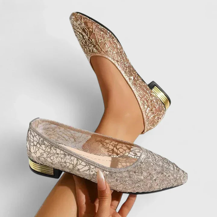 Sequin lace mesh pointed toe gold heel ballet flat in gold