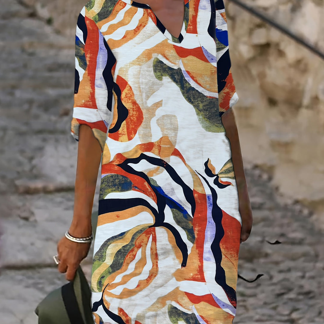 Women's abstract print notch neck three-quarter sleeve linen midi dress in yellow