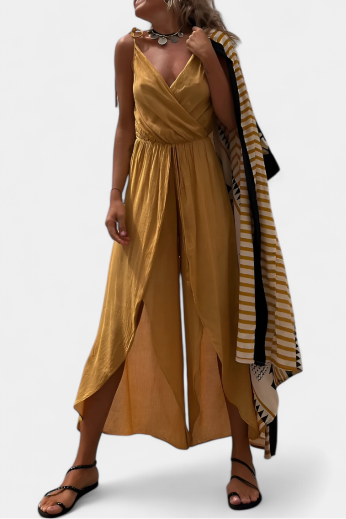 Women's washed cotton crossover neck jumpsuit in yellow