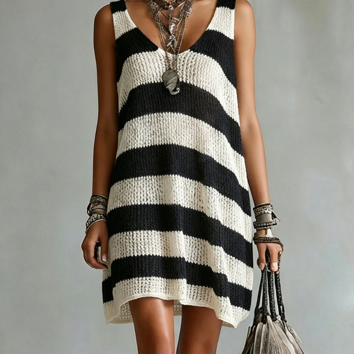Striped V-Neck Knit Mini Dress in Black
