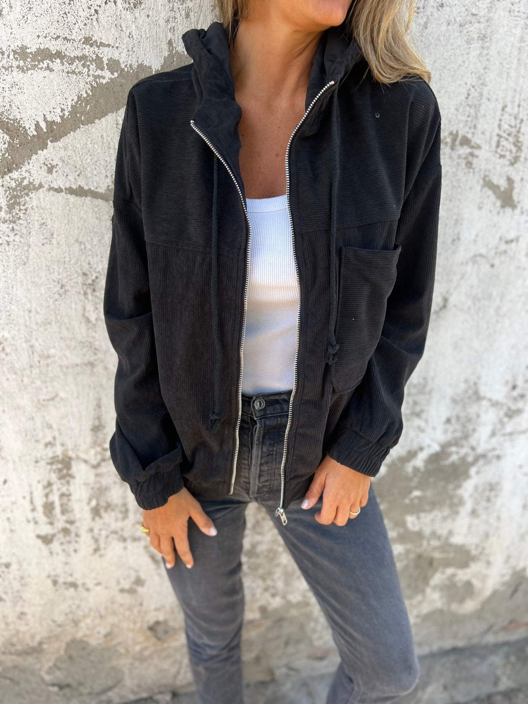 Women's casual zip-front hooded jacket in black