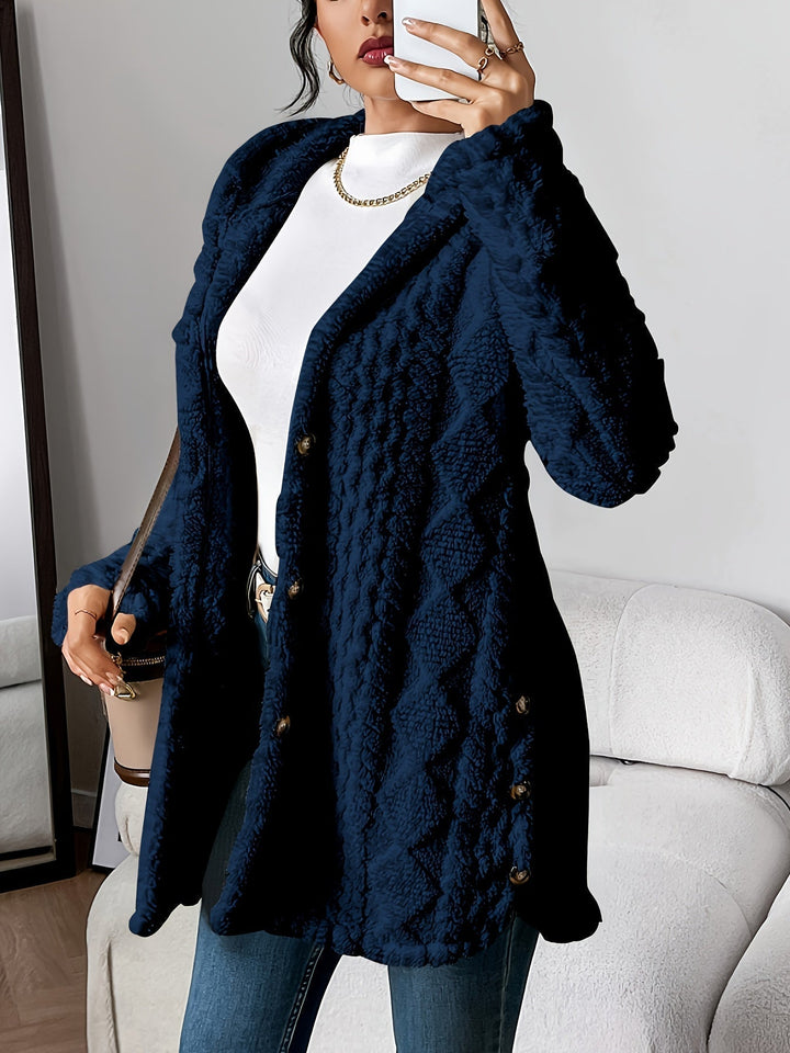 Navy teddy fleece button-front jacket for women