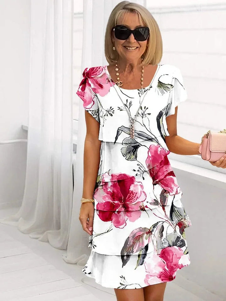 Ruffled Floral Pleated Dress - White
