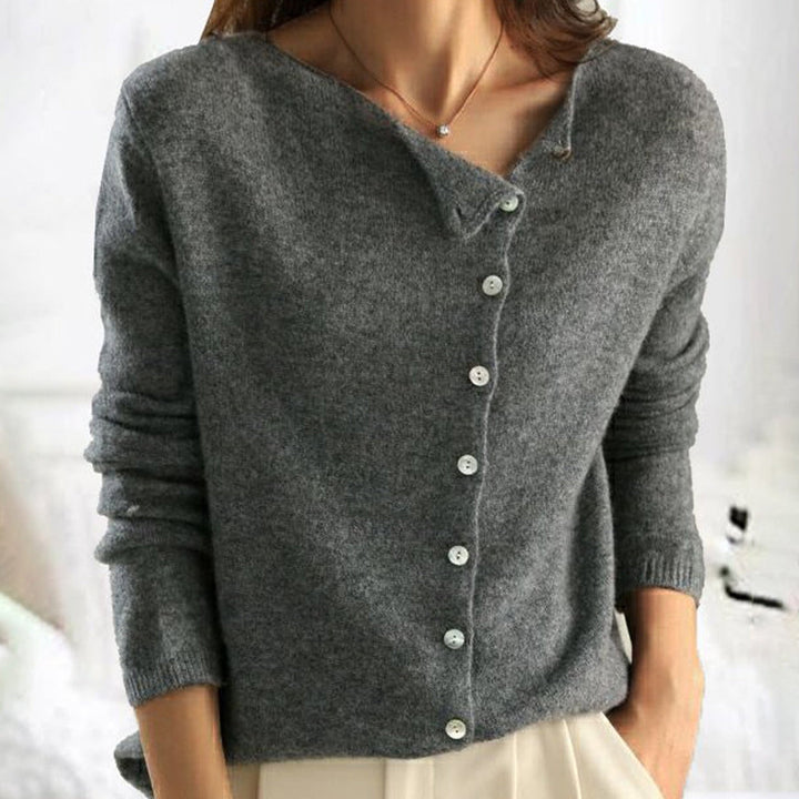 Women's button-detail soft knit sweater, worn