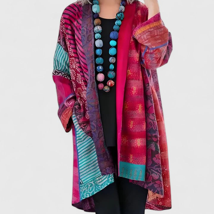 Women's patchwork print longline kimono cardigan in pink