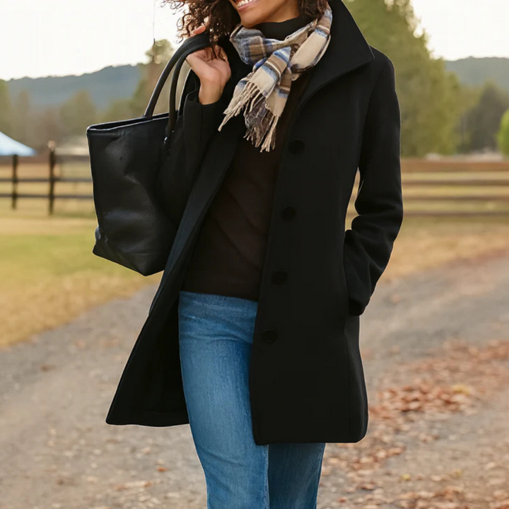 Black button-front longline winter coat women