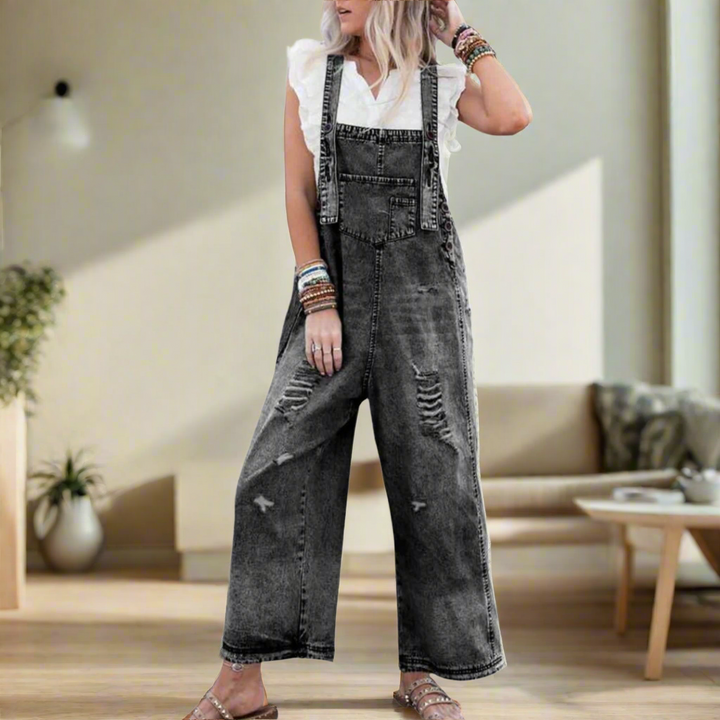 Women's vintage wash adjustable strap jumpsuit in space grey