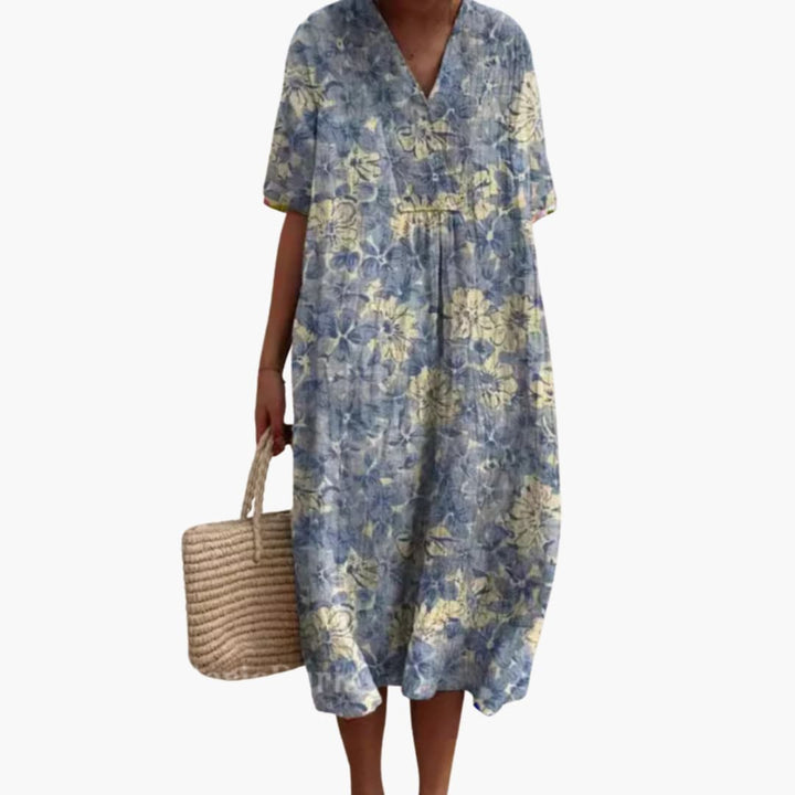 Floral V-Neck Oversized Midi Dress in blue