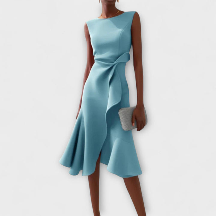 Sophisticated asymmetric midi dress in light blue
