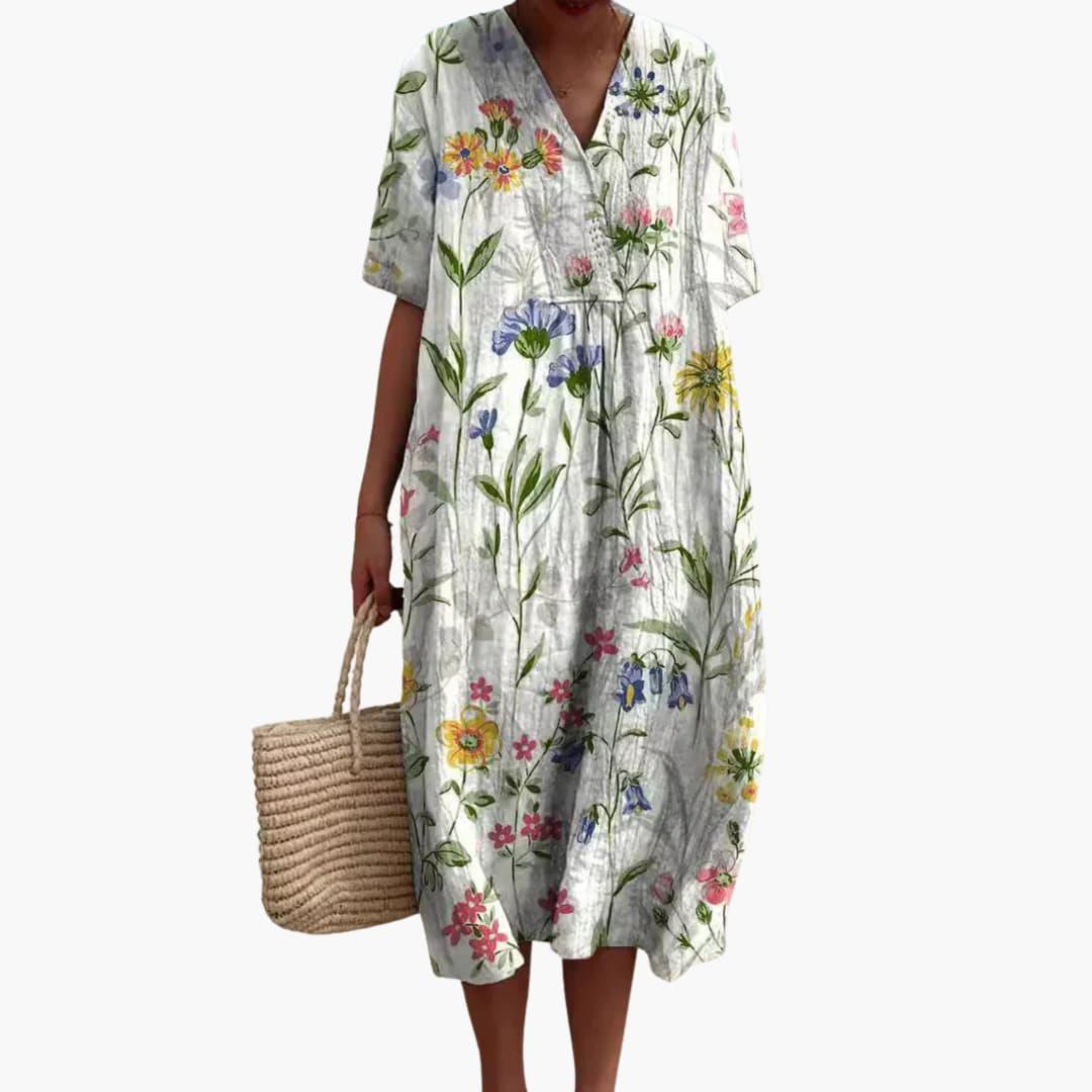 Floral V-Neck Oversized Midi Dress in white