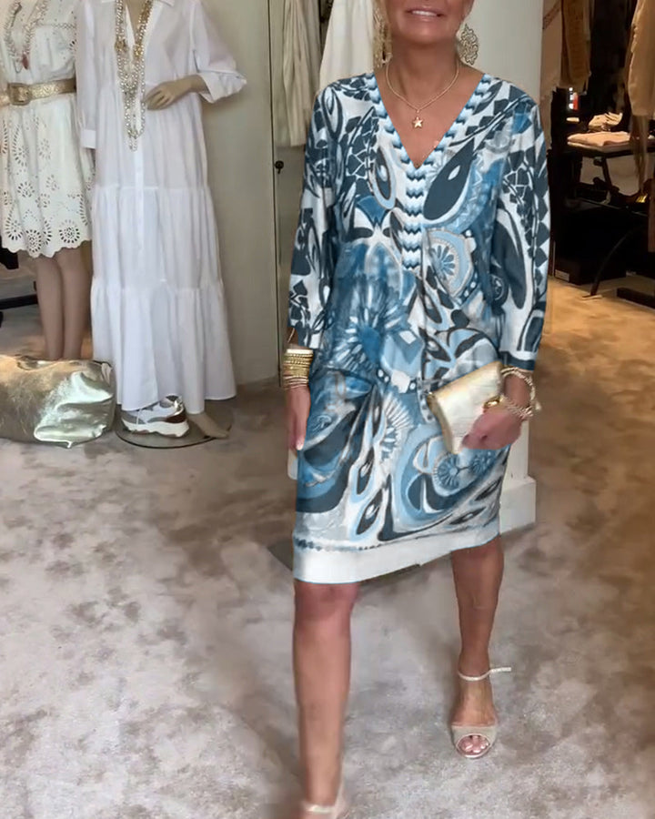 Sunburst print tunic midi dress in blue