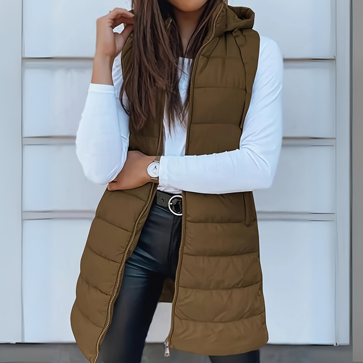 Longline hooded puffer vest khaki
