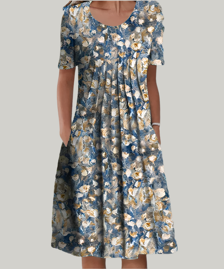 Elegant Flowing Printed Midi Dress - Blue and White