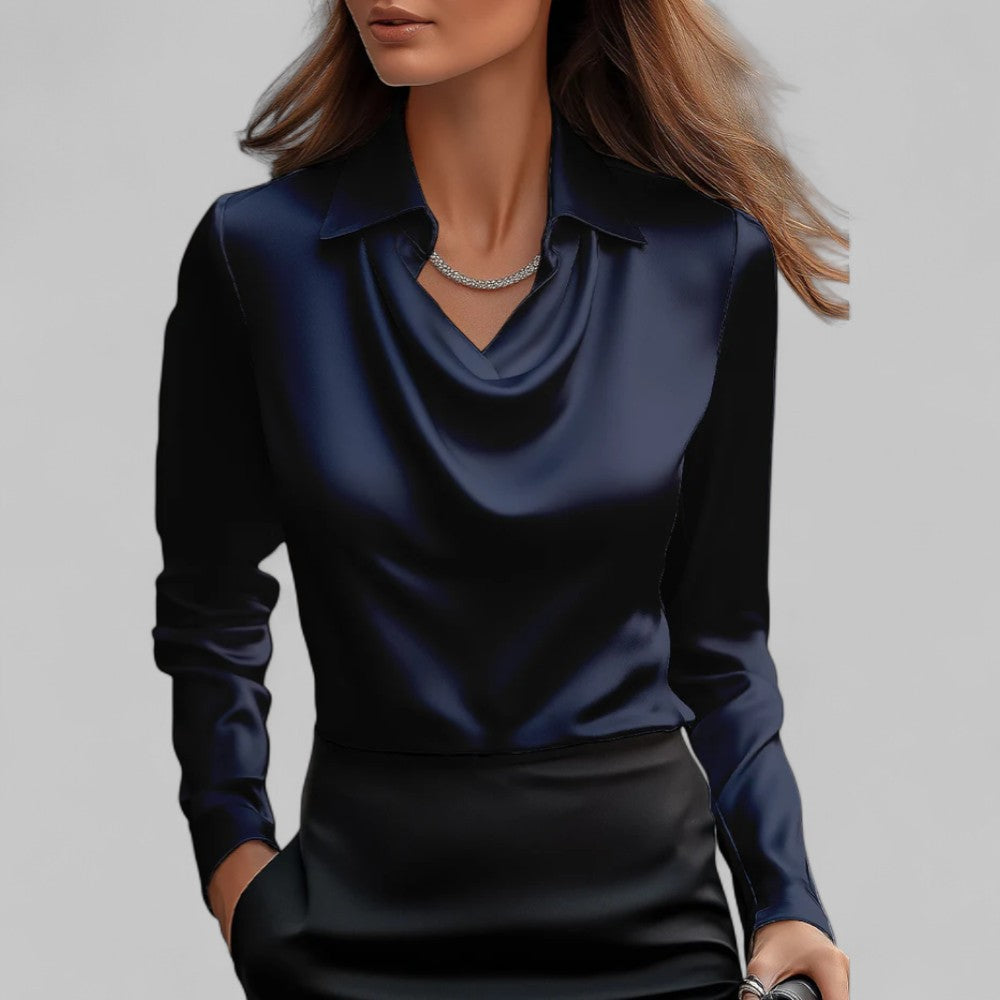 Satin draped neck blouse in navy