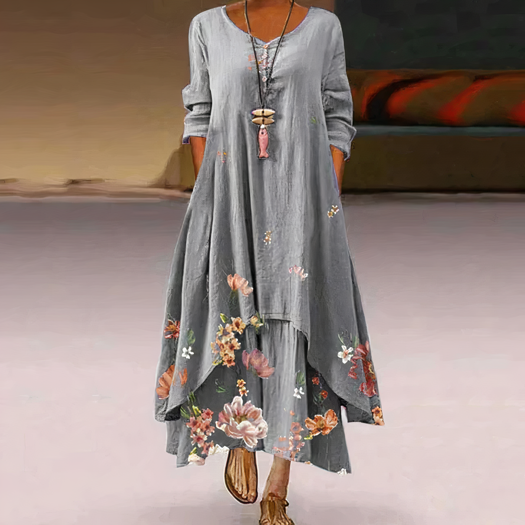 Women's floral border print long sleeve oversized maxi dress in light gray