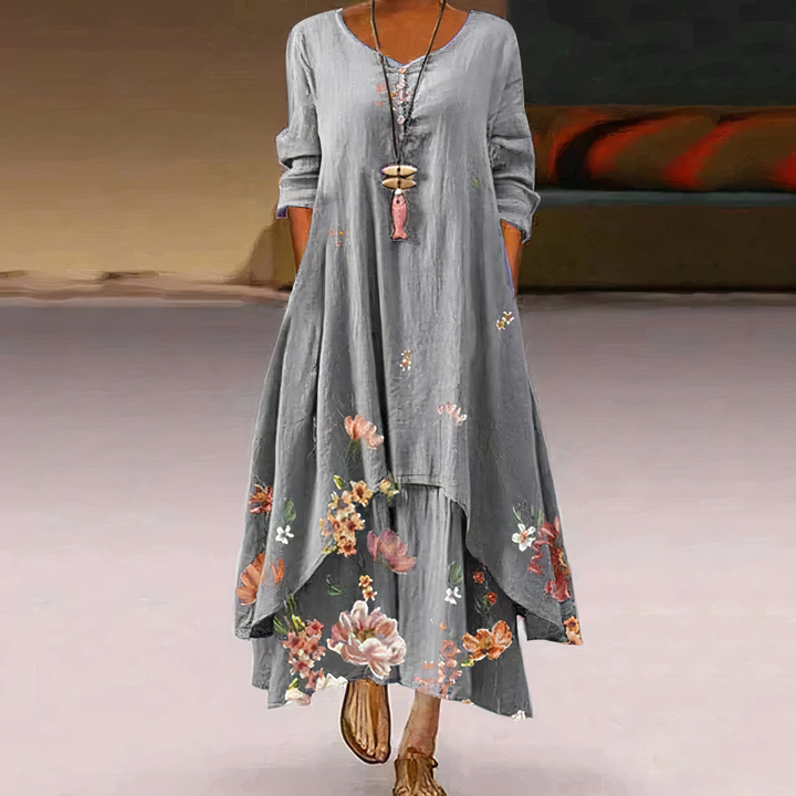 Women's floral border print long sleeve oversized maxi dress in light gray