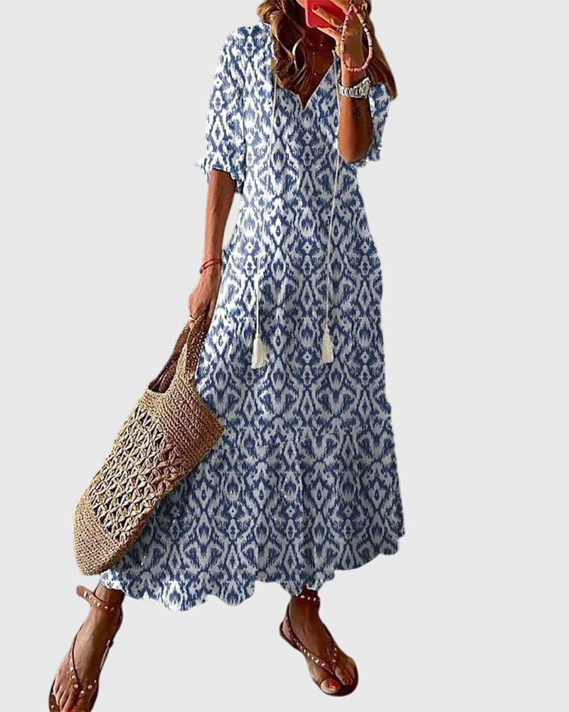 Amalia Boho Vintage Summer Dress Blue