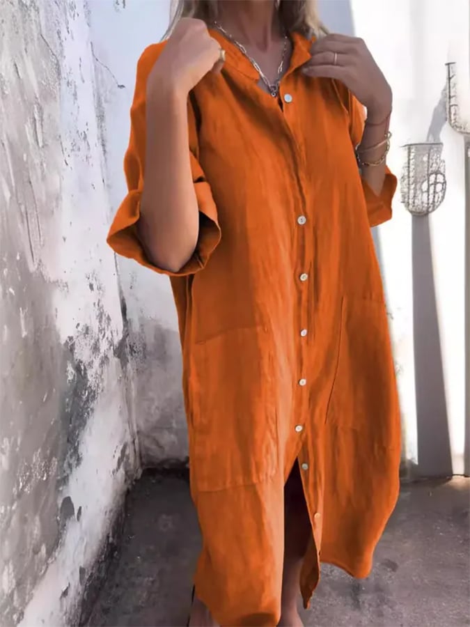 Button-Down Rolled Sleeve Midi Shirt Dress - Orange