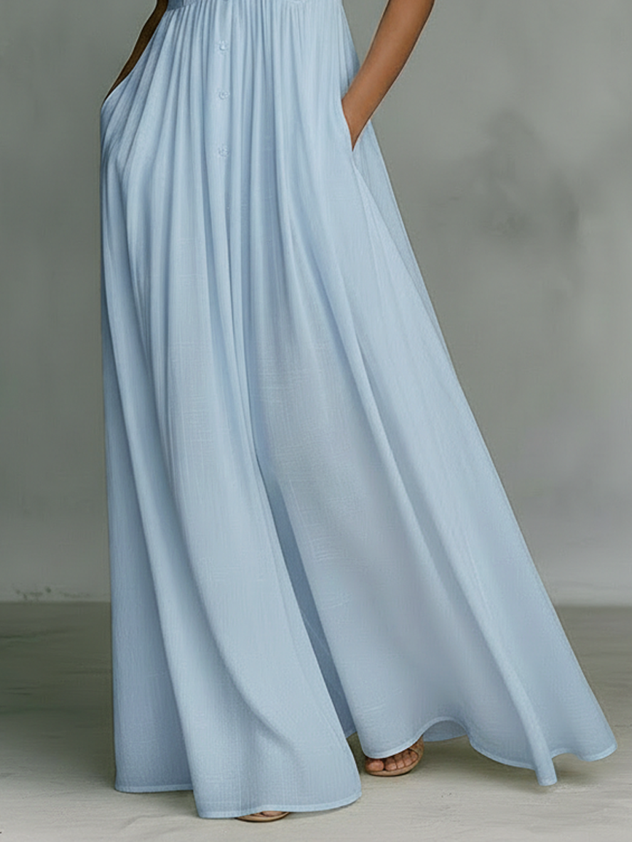 Women's pintuck bib stand collar sleeveless maxi dress in blue, side