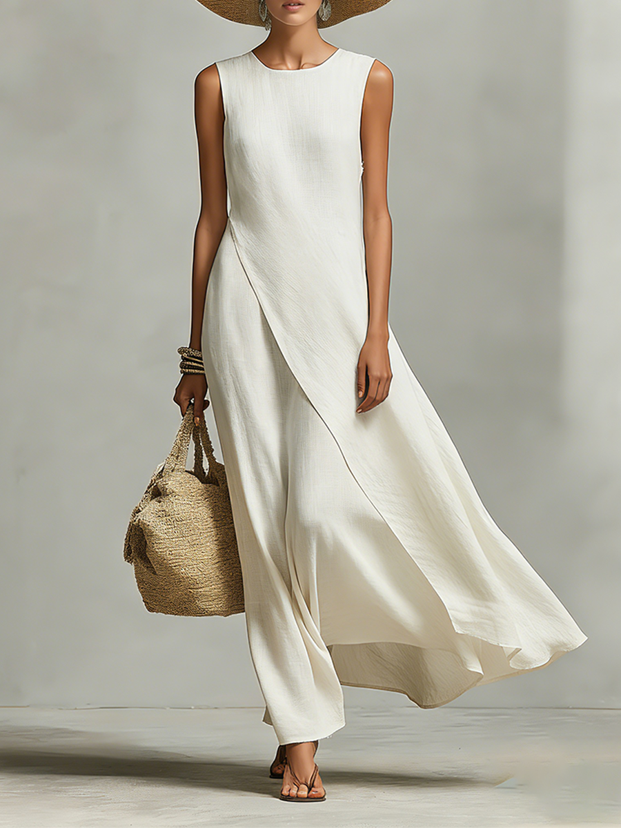 Women's asymmetric hem sleeveless linen maxi dress in ivory, front
