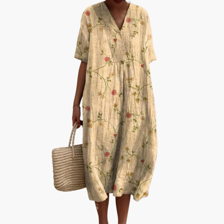 Floral V-Neck Oversized Midi Dress in beige