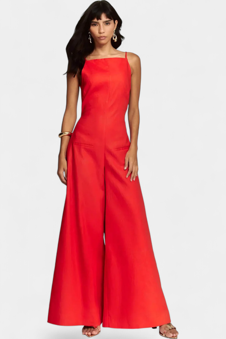 Women's ramie halter wide leg jumpsuit in red