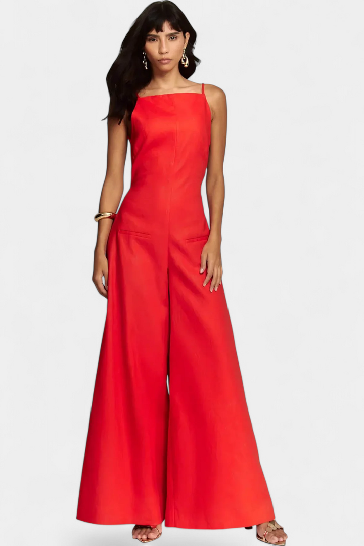 Women's ramie halter wide leg jumpsuit in red