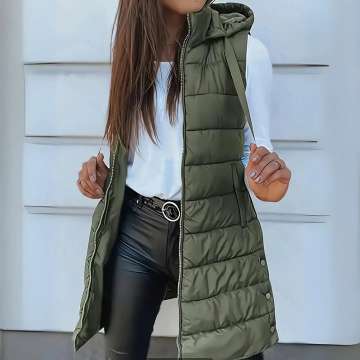 Longline hooded puffer vest olive green