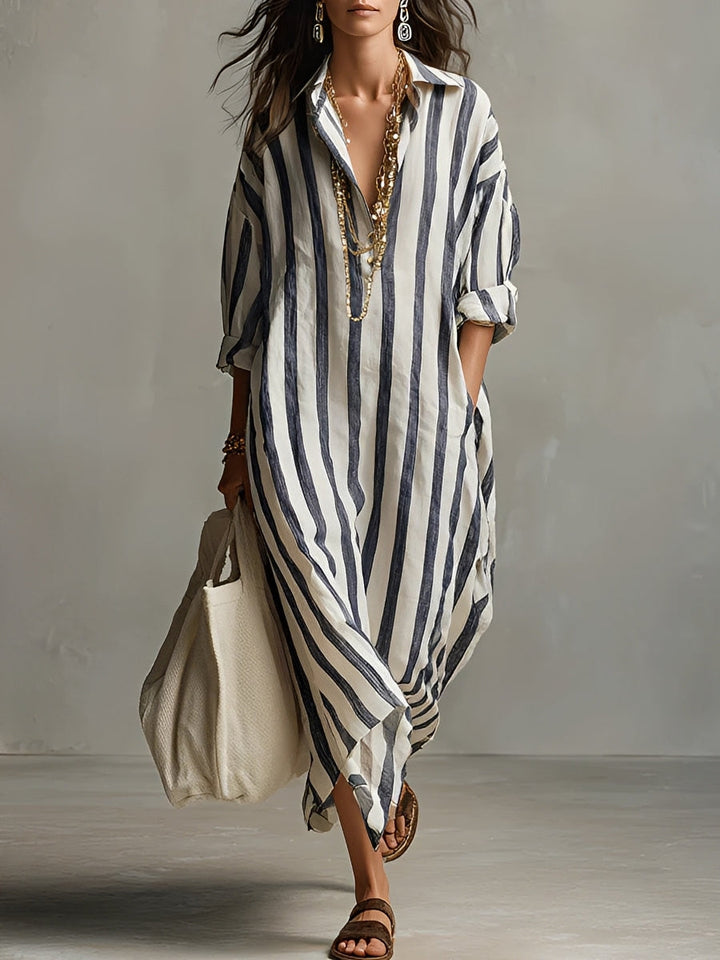 Women's striped V-neck long sleeve maxi dress in black