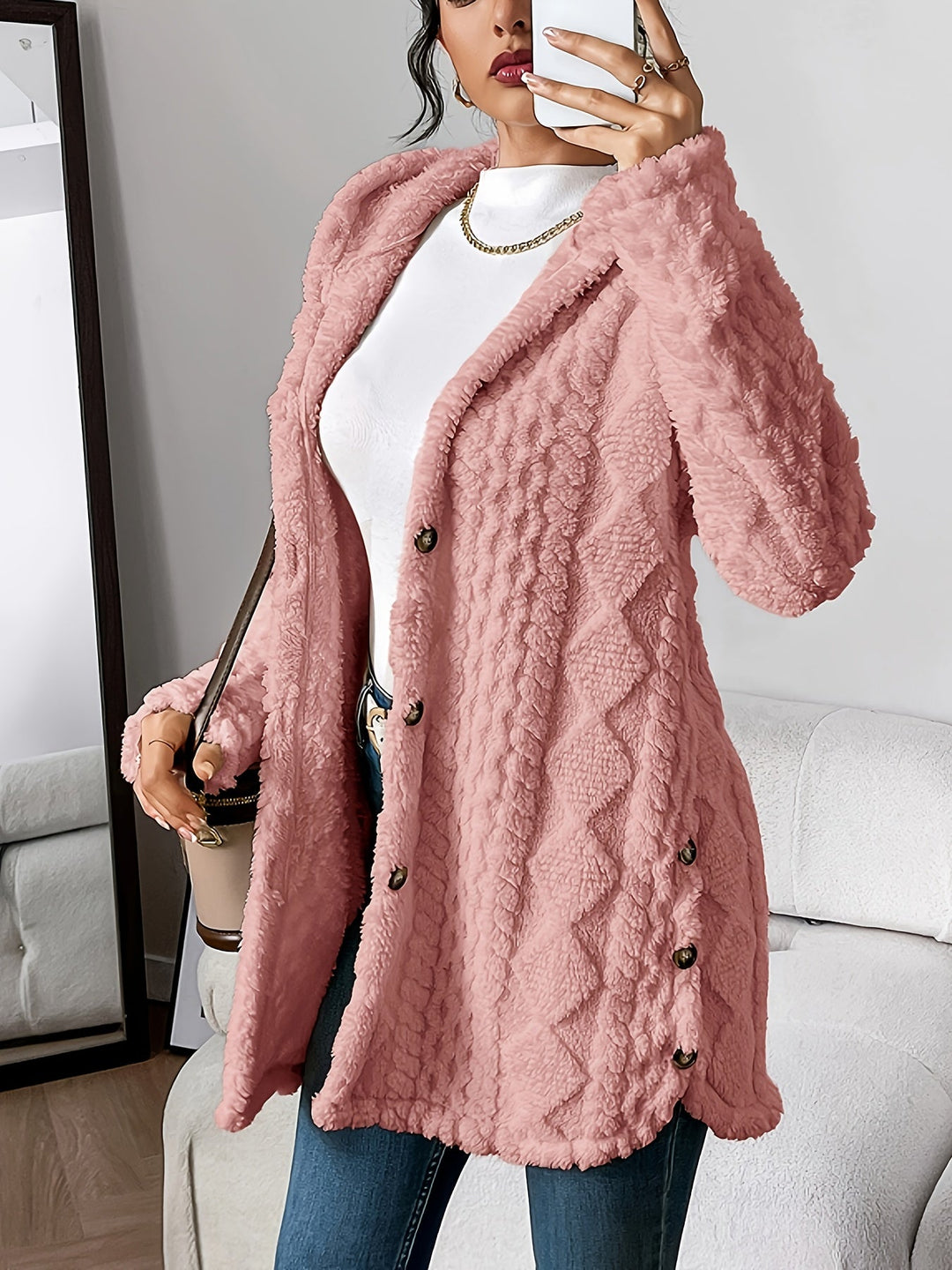 Pink teddy fleece button-front jacket for women