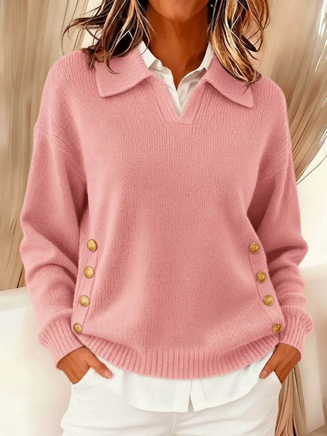 Women's Pink Button Detail Knit Sweater