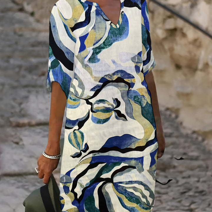 Women's abstract print notch neck three-quarter sleeve linen midi dress in blue