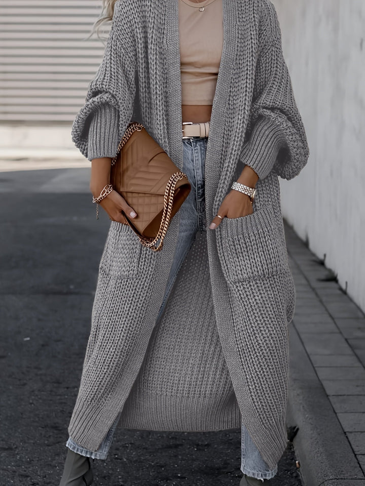 Women's Maxi Length Duster Cardigan with Pockets - Grey
