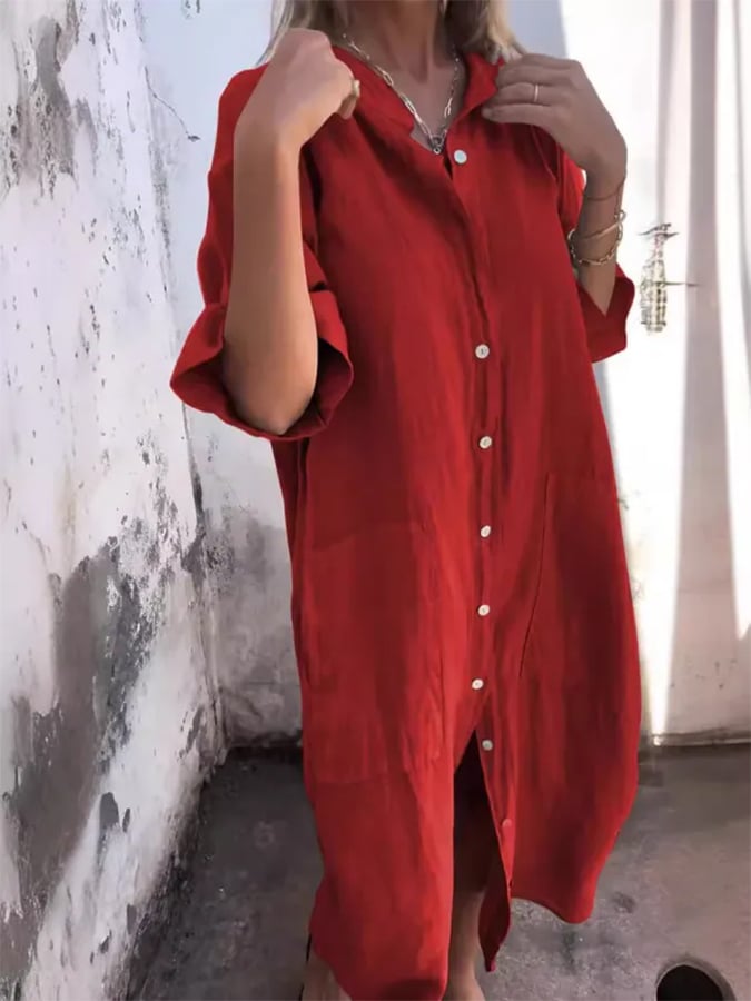 Button-Down Rolled Sleeve Midi Shirt Dress - Red