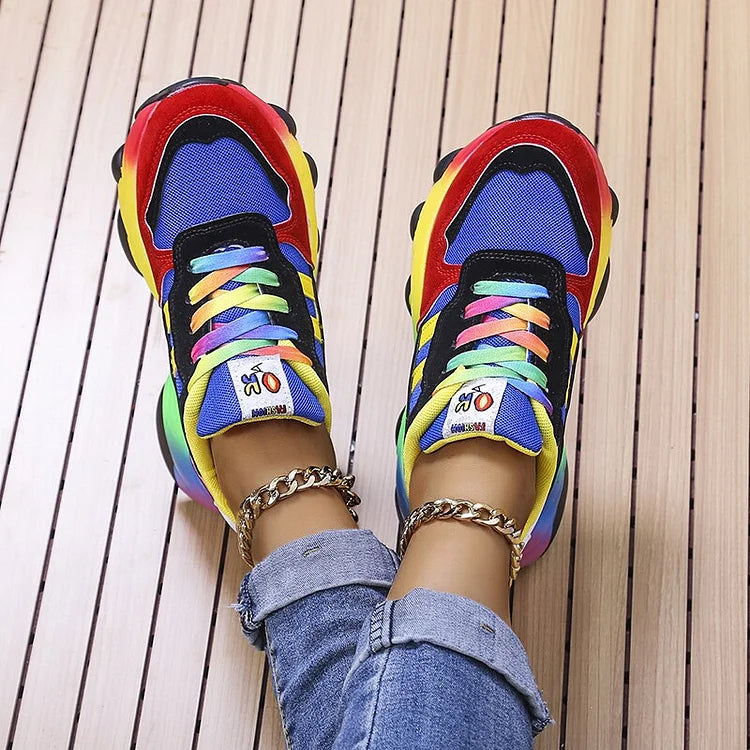 Blue rainbow sole wide toe box walking sneakers women