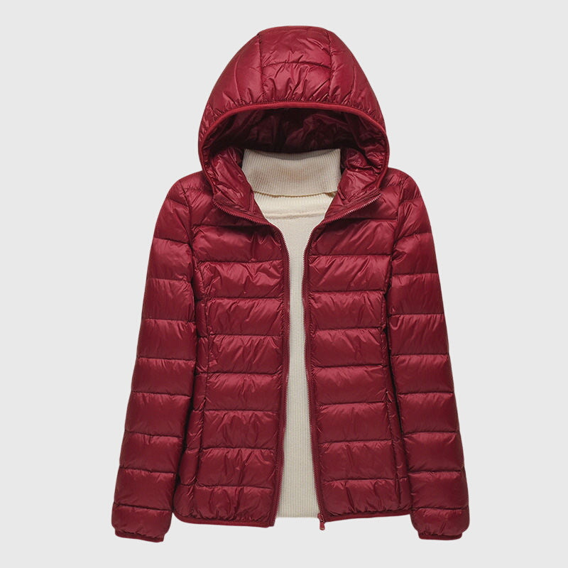 Women's Quilted Puffer Jacket - Burgundy Hood