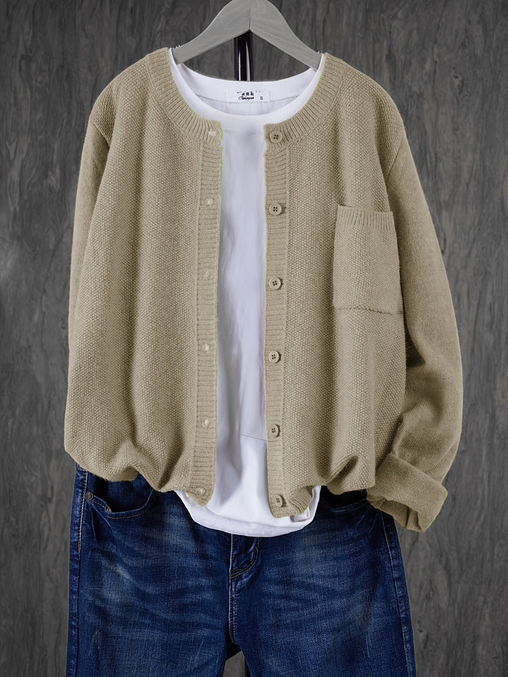 Women's Crew Neck Button Cardigan with Chest Pocket - Apricot