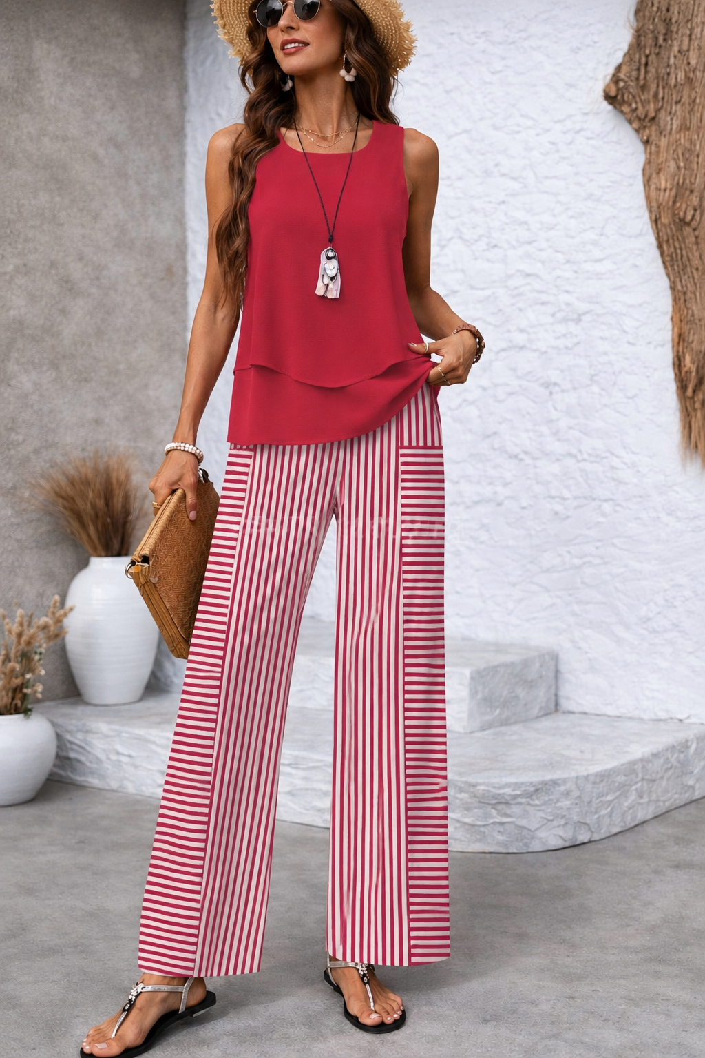 Women's red and white vertical stripe sleeveless top and wide-leg pants set
