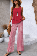 Women's Vertical Stripe Sleeveless Top & Wide-Leg Pants Set