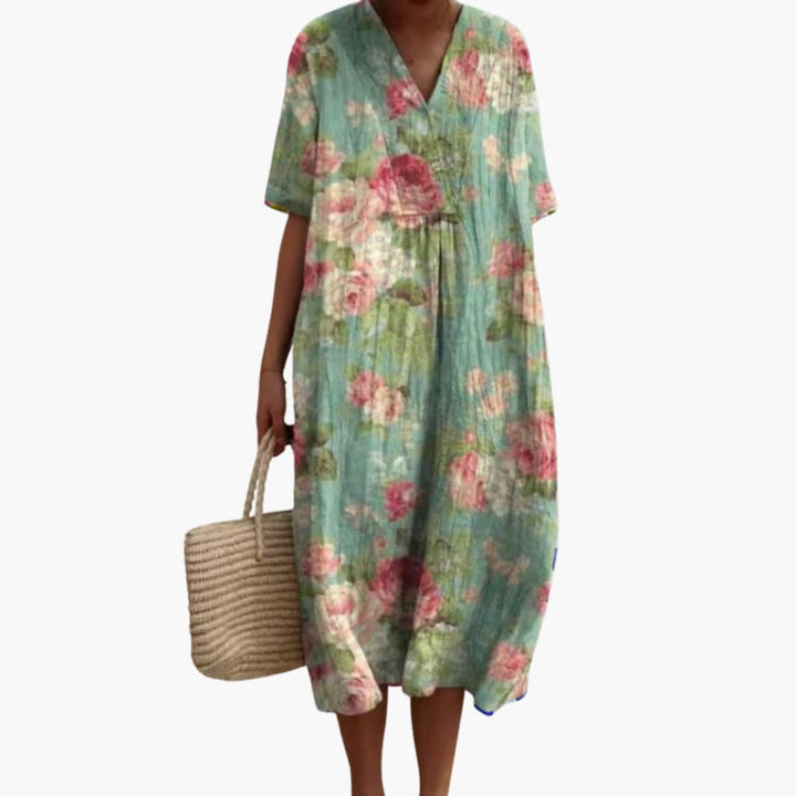 Floral V-Neck Oversized Midi Dress in aqua mint