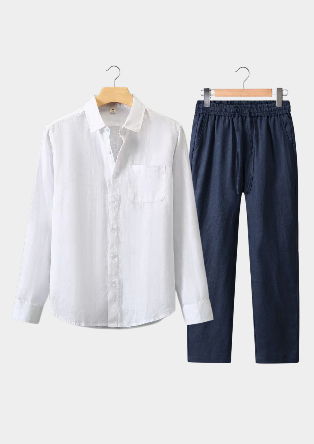 White & Navy Blue Linen Longsleeve Summer Set