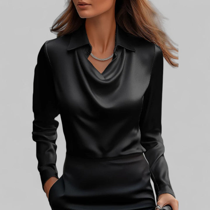 Satin draped neck blouse in black