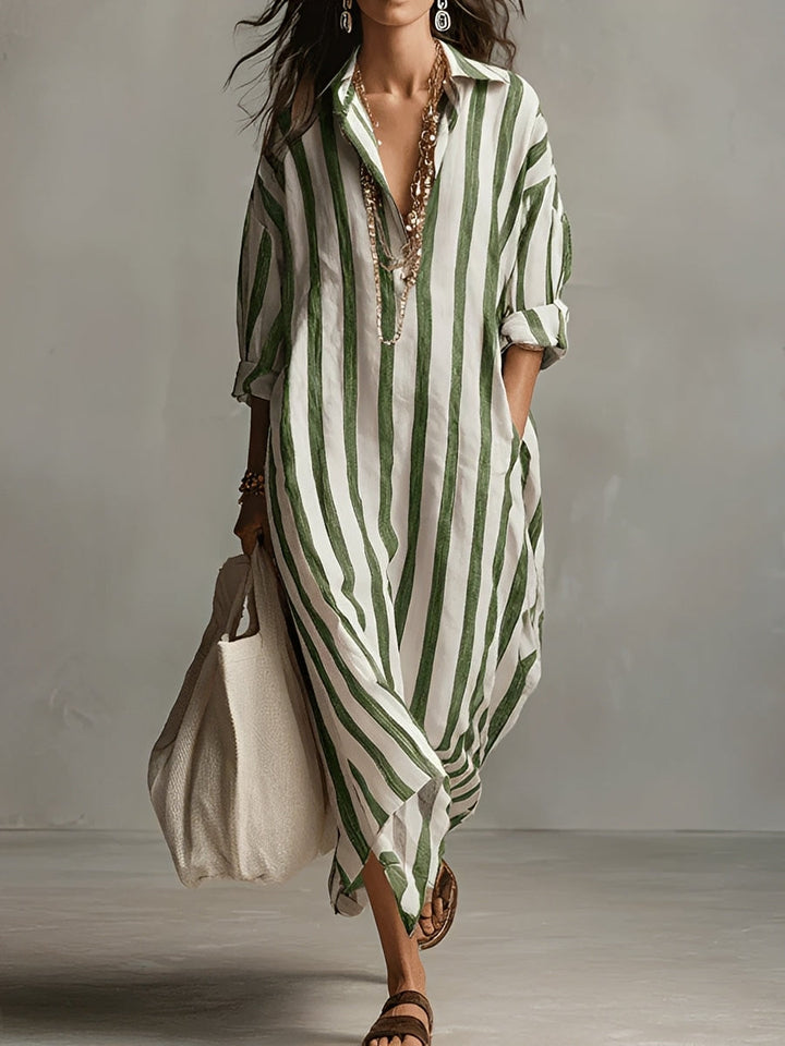 Women's striped V-neck long sleeve maxi dress in green