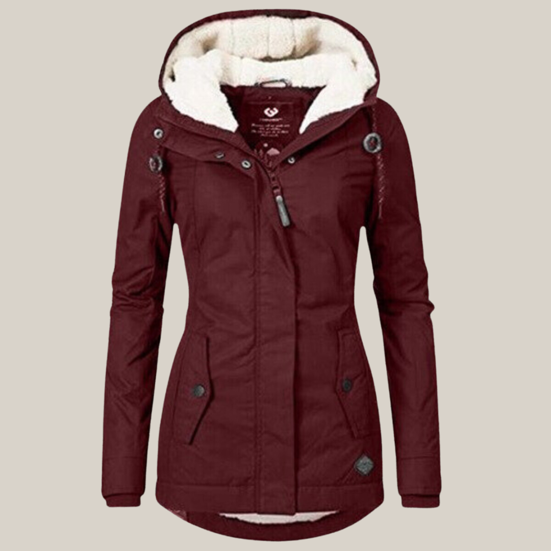 Women's warm-lined hooded winter jacket in red