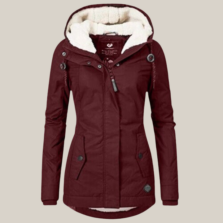 Women's warm-lined hooded winter jacket in red