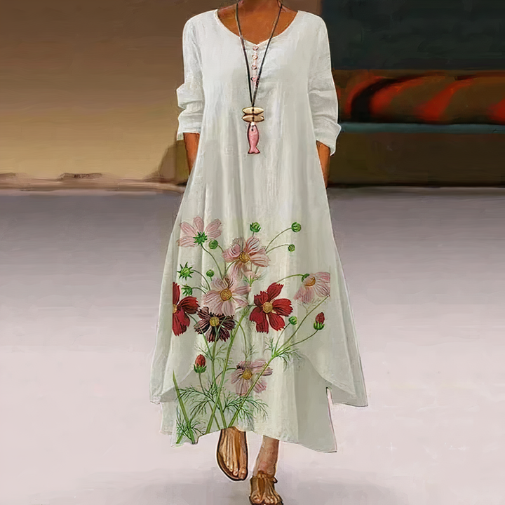 Women's floral border print long sleeve oversized maxi dress, print one